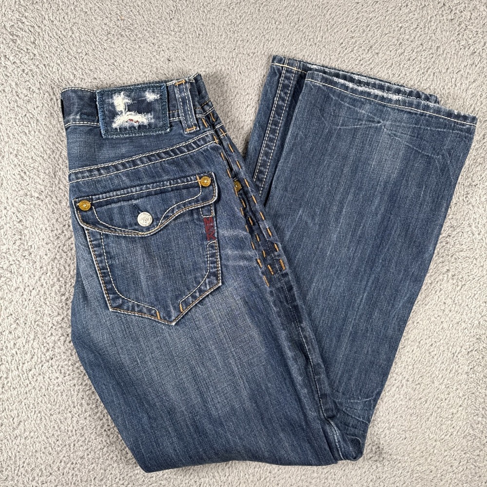 MEK Denim Jeans Mens 31x34 (32x33) New York Bootcut  Button Fly Stone Wash
